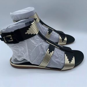 Gianni Bini Black and Gold Ankle Sandals.